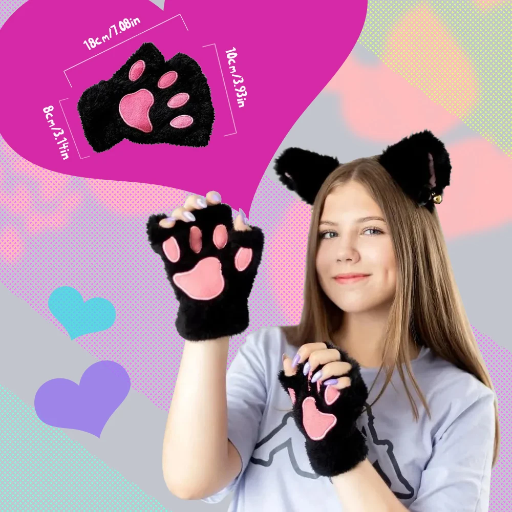Cat Ear Headband Fingerless Gloves Set Cute Animal Costume Accessories Warm Soft Christmas Gift for Girls
