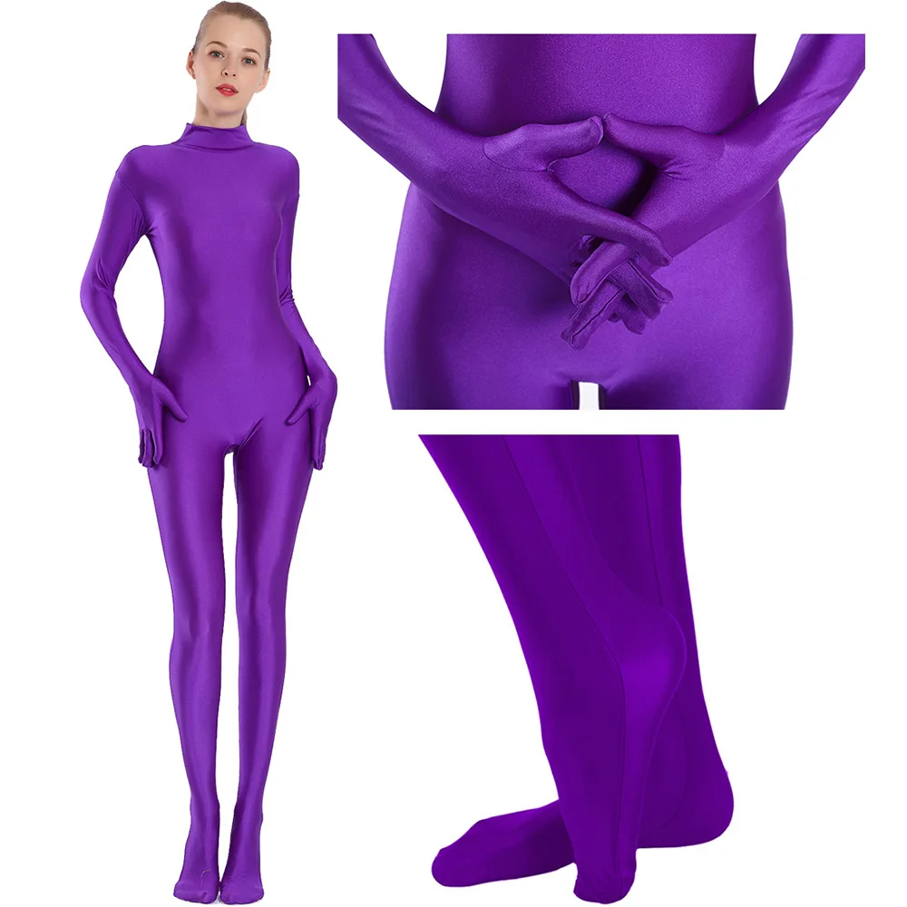 AOYLISEY Adult Black Spandex Full Body Zentai Footed Jumpsuit Unisex Bodysuit Women Handed Unitard Skin Tight Halloween Costume