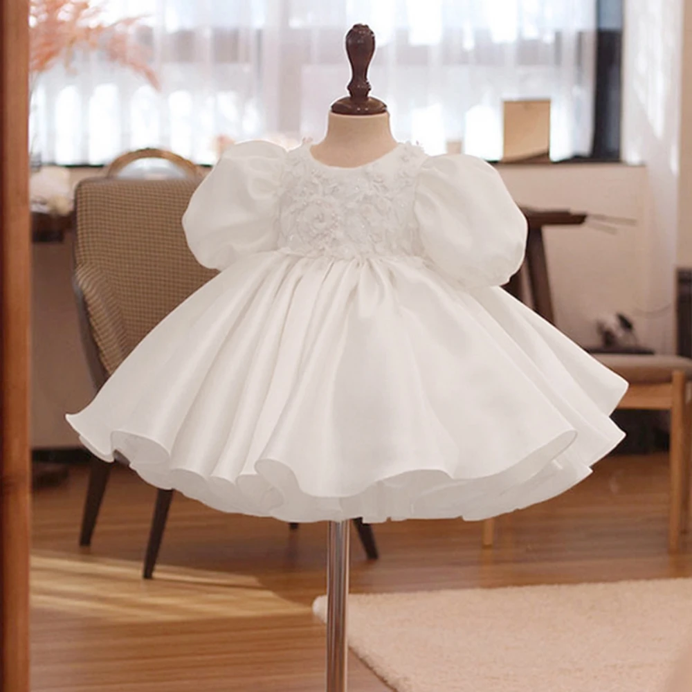 Summer Flower Baby Girl Dresses For Kids Wedding White Bow 1st Birthday Party Princess DresseGirls Puff Sleeve Baptism Clothing