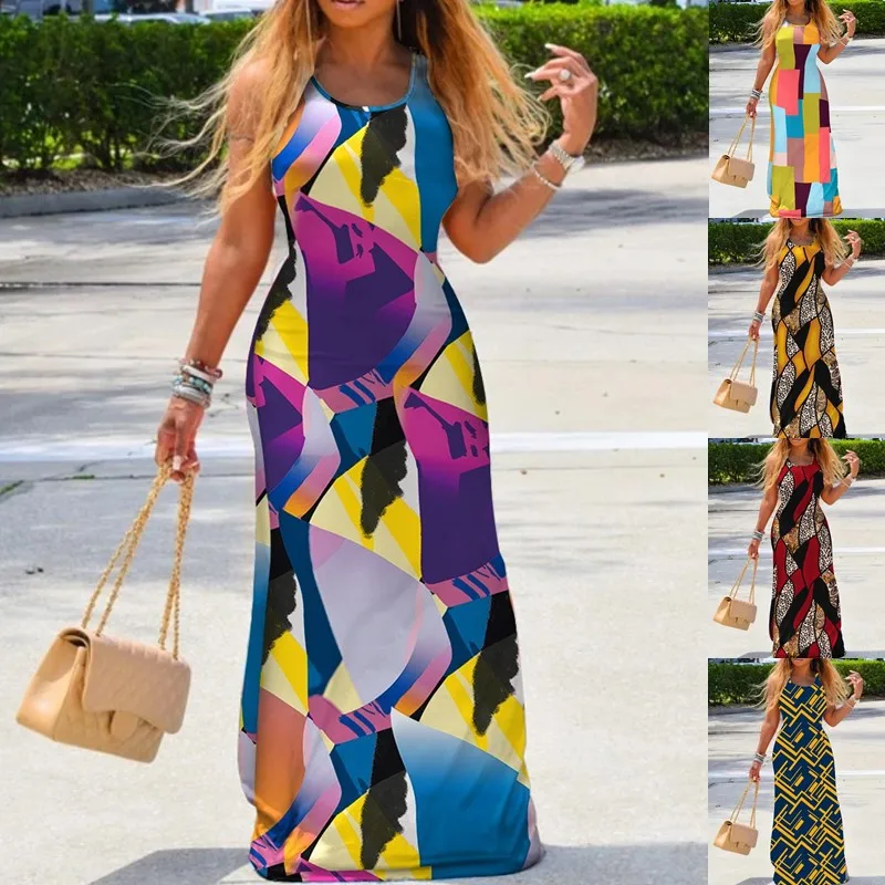 Color Printed Slim Maxi Dresses Women Package Hip Bodycon U-neck Sleeveless Long Dress Fashion Temperament Lady Summer Vestidos