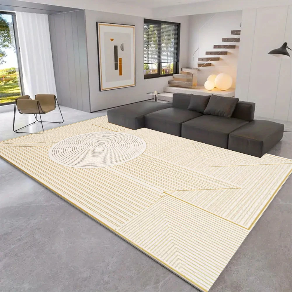 Beige Gold Geometric Line Area Rug, Modern Minimalist Decor Floor Mat For Home