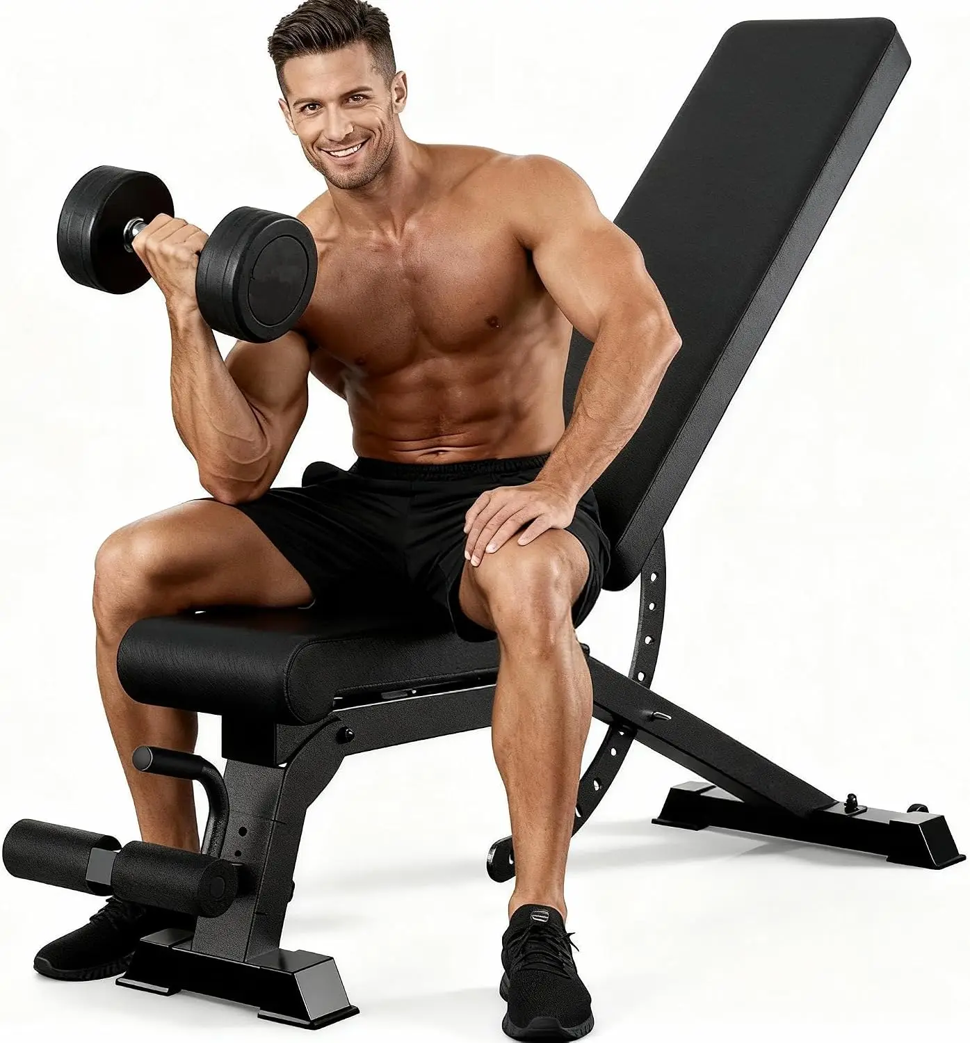 Heavy-Duty Adjustable Bench, Incline/Decline, 12 Backrest Positions, 4 Seat Heights, 4 Leg Holder