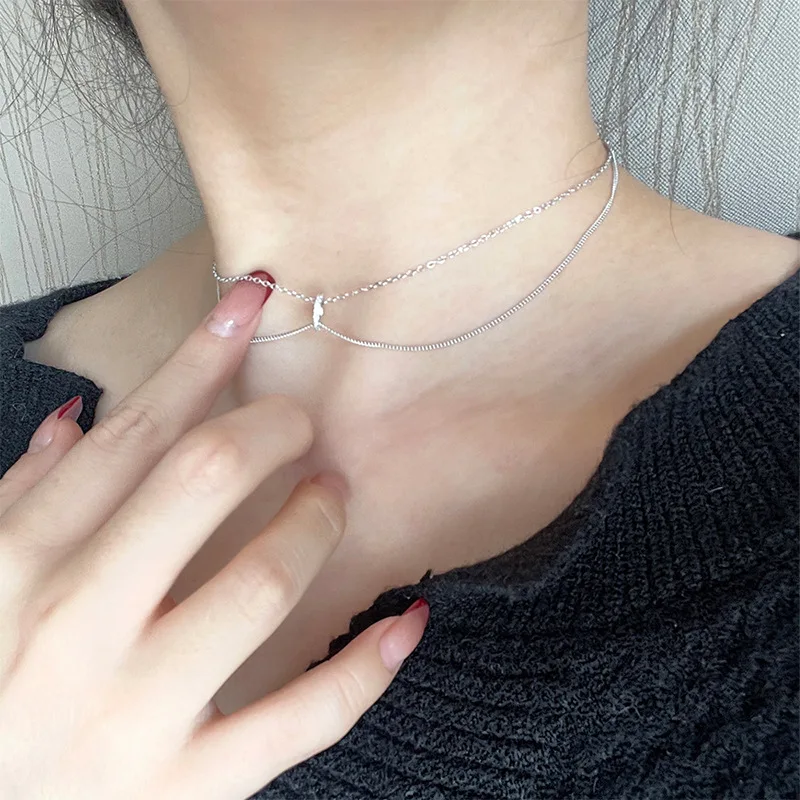 Personality Delicate 925 Sterling Silver Circular Ring Double-layer Choker Necklace for Women Collarbone Chain Jewelry Colorfast