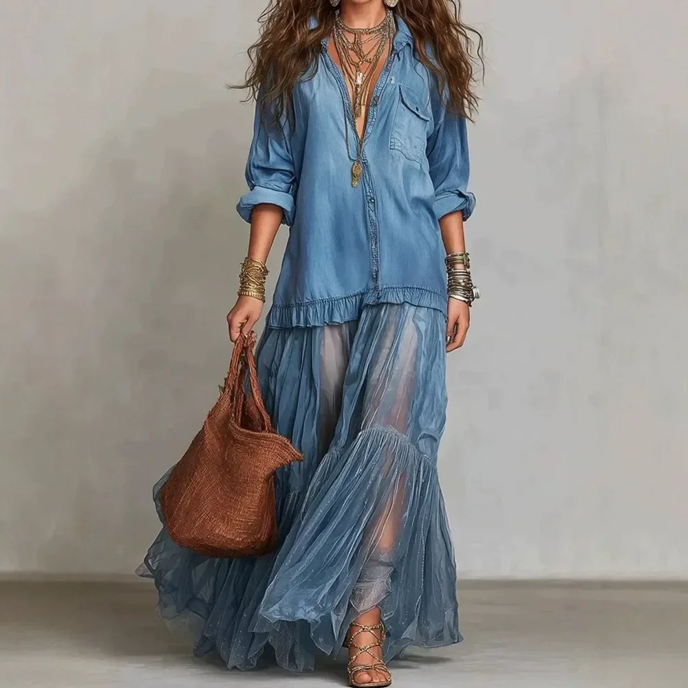 Vintage Retro Patchwork Denim Dress Women 2026 European American Style Casual Long