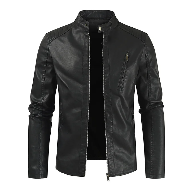 Beige Simple Small Collar Casual Leather Jacket Muscle Men's plus Size Real Leather Motorcycle Jacket Short Zipper Coat