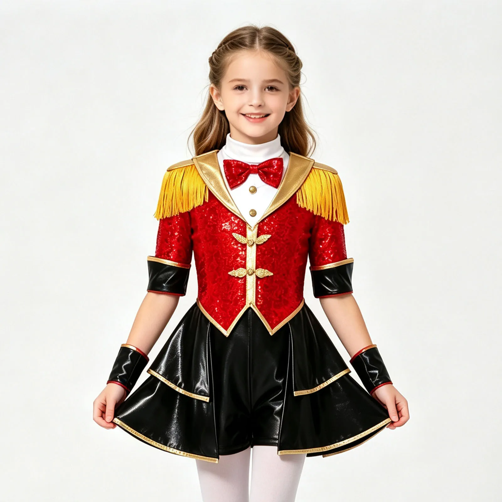 Girls Circus Costume Halloween Ringmaster Jumpsuit Bowtie Half Sleeve Fringe Shoulder Sequins Leotard Metallic Skirted Bodysuit