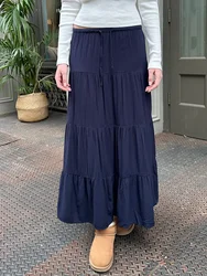 Ruffles Lace-up Maxi Skirts Women Summer Elastic High Waist Cotton Loose Faldas Female Vintage Sweet Solid Long Holiday Skirt