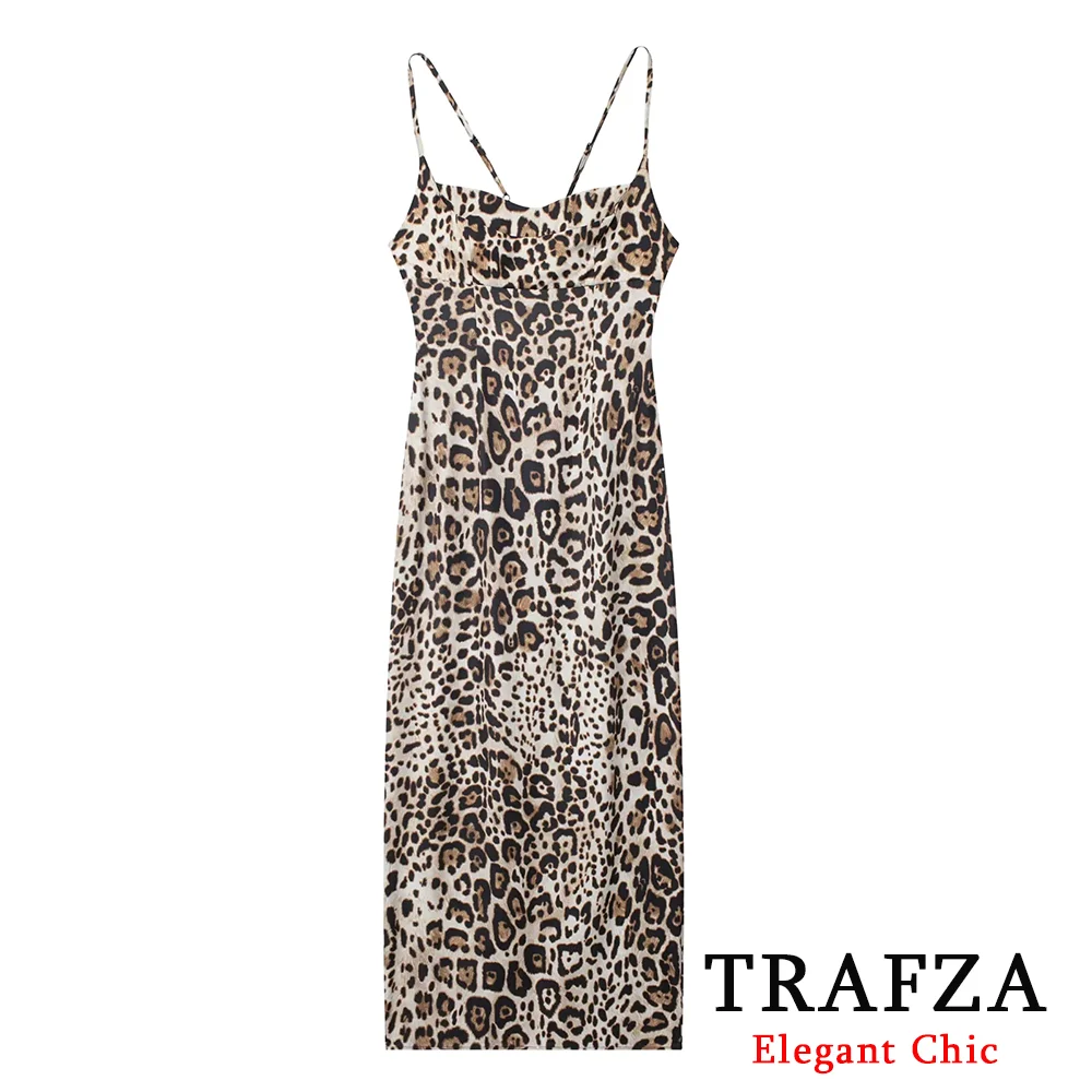 TRAFZA Vintage Leopard Print Women Dress Fashion 2024 Summer Cami Sleeveless Slash Neck Back slit Dress Elegant Party Dress