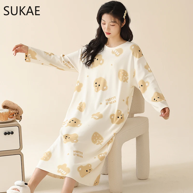 SUKAE Spring New Faux Cotton Long Sleeves Nightgowns Casual Lazy Sleepshirt Cute Duck Women Nightwear Leisure Milk Silk Lingerie