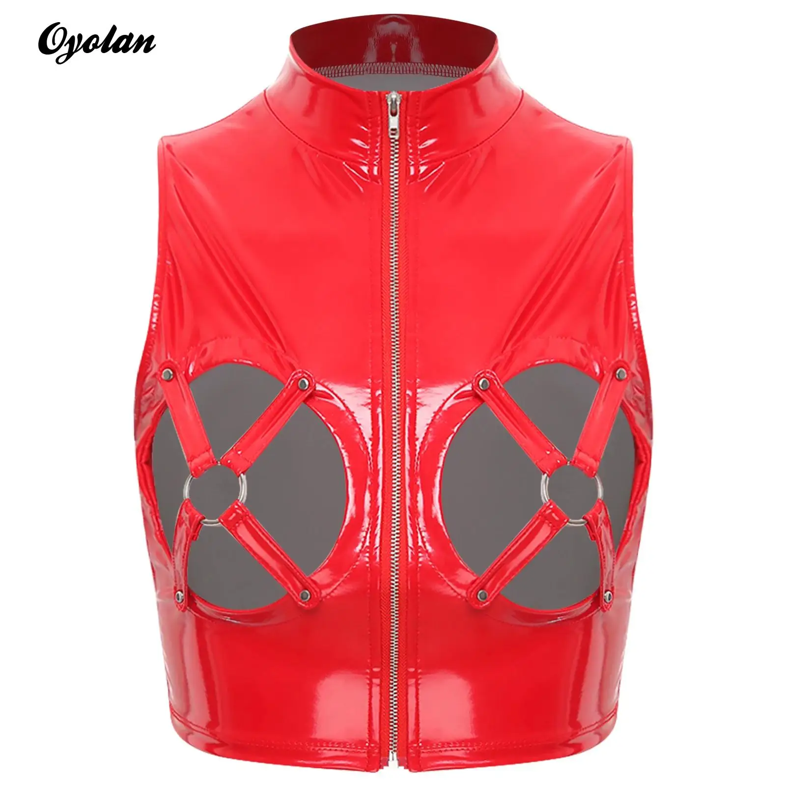 

Womens Patent Leather Lingerie Latex Tops Hollow Out O-ring Hot Sexy Open Chest Tank Top Zipper Latex Crop Top Night Club Wear