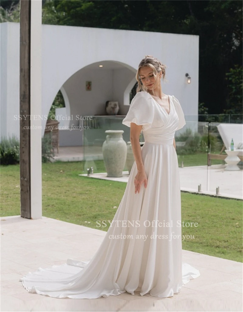 SSYTENS Elegant White Satin Wedding Dresses Short Sleeves Puff Backless Bridal Dress For Women Simple Robe De Mariee Customized