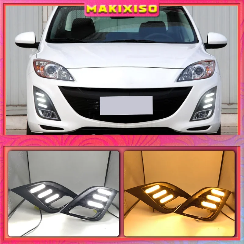 2Pcs DRL For Mazda 3 Mazda3 Axela 2010 2011 2012 2013 Daytime Running Lights fog lamp Yellow turn signal 12V Daylight