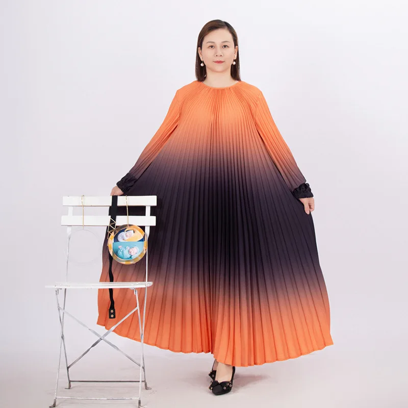 

Miyake Pleated Women's 2023 New Gradient Round Neck Long Sleeve Temperament Plus Size Womens Dress