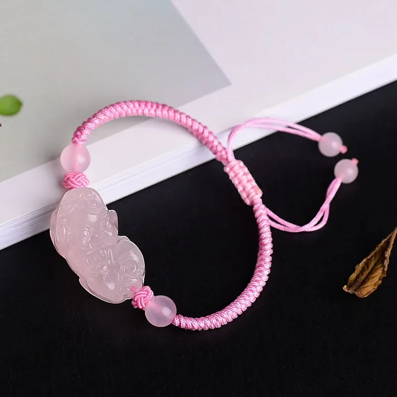 

New Natural Pink Crystal Pixiu Bracelet Accessories DIY Handmade Lucky Women Jade Beads Jewelry Female Exorcism Amulet