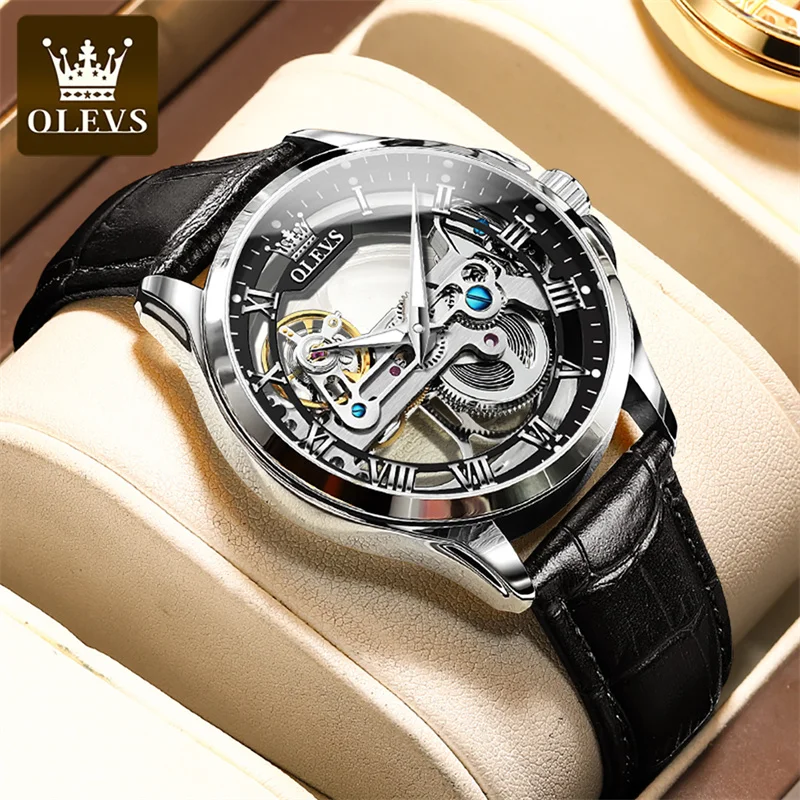 OLEVS Brand Hot Sale Skeleton Hollow Leather Men\'s Wrist Watches Luxury Automatic Mechanical Male Clock New Relogio Masculino