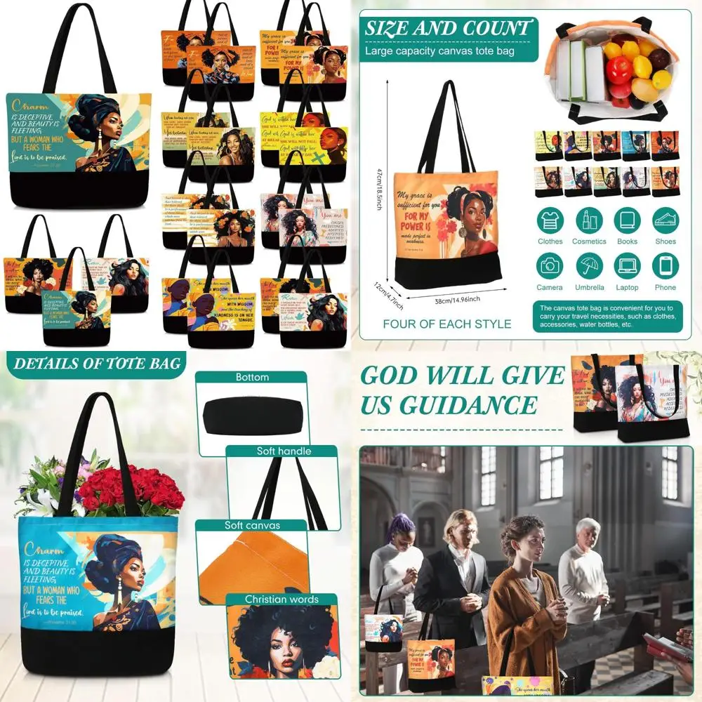 กระเป๋าผ้าแคนวาสคริสเตียนสำหรับผู้หญิง - กระเป๋าถือลายศาสนาแอฟริกันอเมริกัน เหมาะสำหรับเป็นของขวัญและการใช้งานในชีวิตประจำวัน