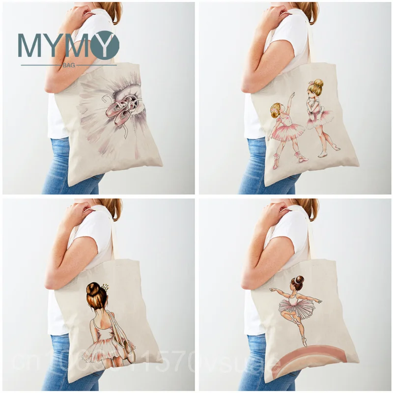 Cartoon Ballet Girl Printed Shoulder Bag Women Cute Supermarket Shopper Shopping Bags Ladies Eco Casual Tote Bag Canvas Handbags