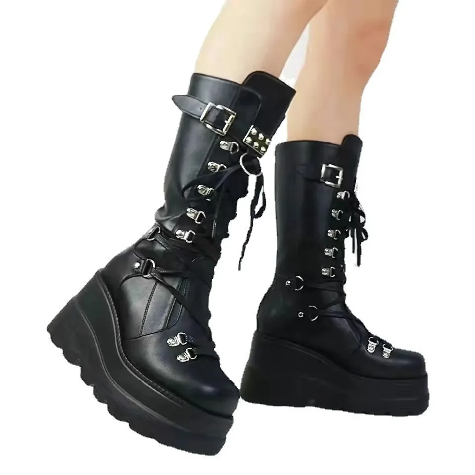 Women High Boots Cosplay Mid-calf Boots High Platform Wedges Boots 2024 Autumn Winter New Designer Gothic Shoes for Women Botas