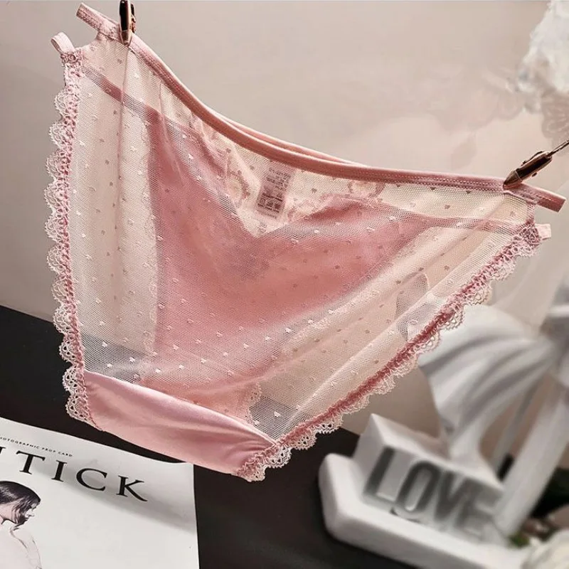 Lace Triangle Underwear Fwomen Hollow Embroidery Straps Summer Low Waisted Triangular Panties Transparent Satin Mesh Cool Briefs