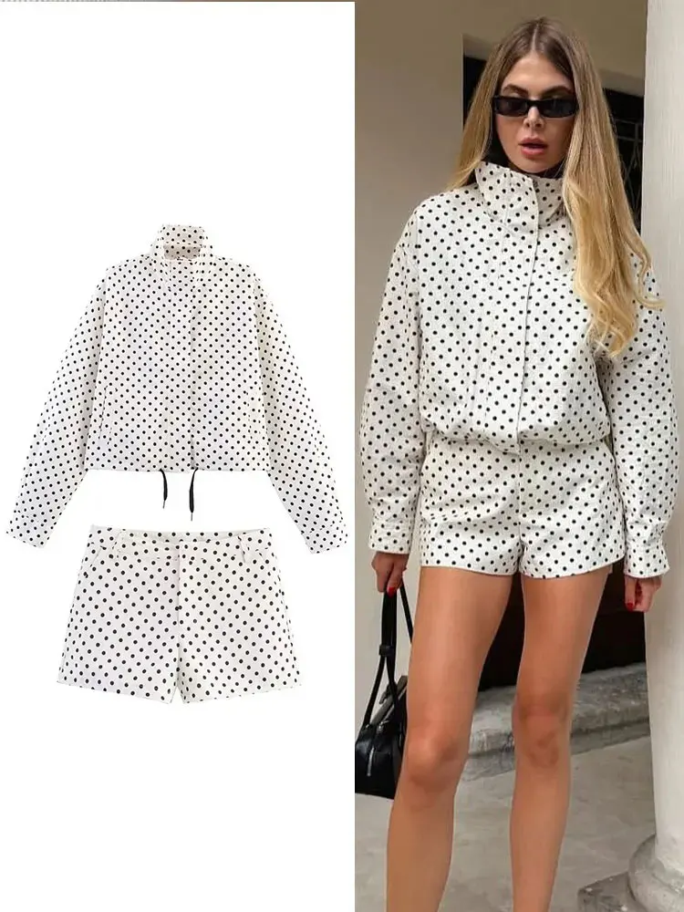 

Woman Polka Dot Print Jacket Suits Stand Collar Long Sleeves Drawstring Coat+Pocket Streetwear Women's Shorts Sets Outfit