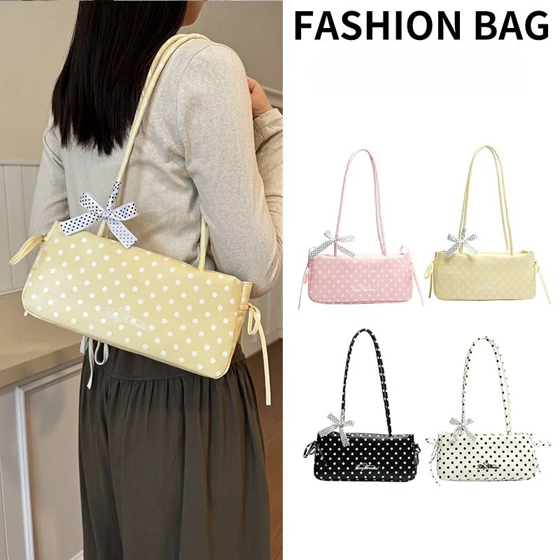New Rectangular Polka Dot Women Shoulder Bag Bow Decor Round Rope Strap Korean Pillow Handbag Casual Tote