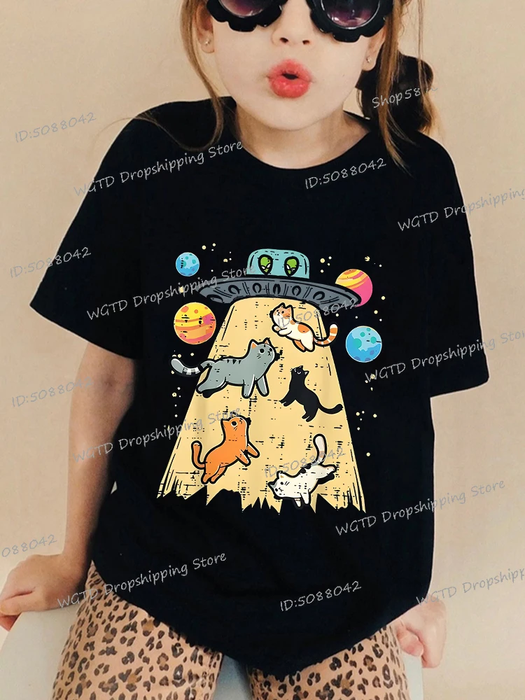 

Fun UFO Cats Print T Shirts Girls Boys Crewneck Short Sleeve Tees Cartoon Design Clothes Kids Fashion Animal Cotton Streetwear