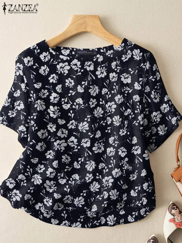 ZANZEA-Blusa de estampas florais boêmias para mulheres, gola O, manga curta, camisa casual, túnica feminina, moda natalícia, verão, 2024