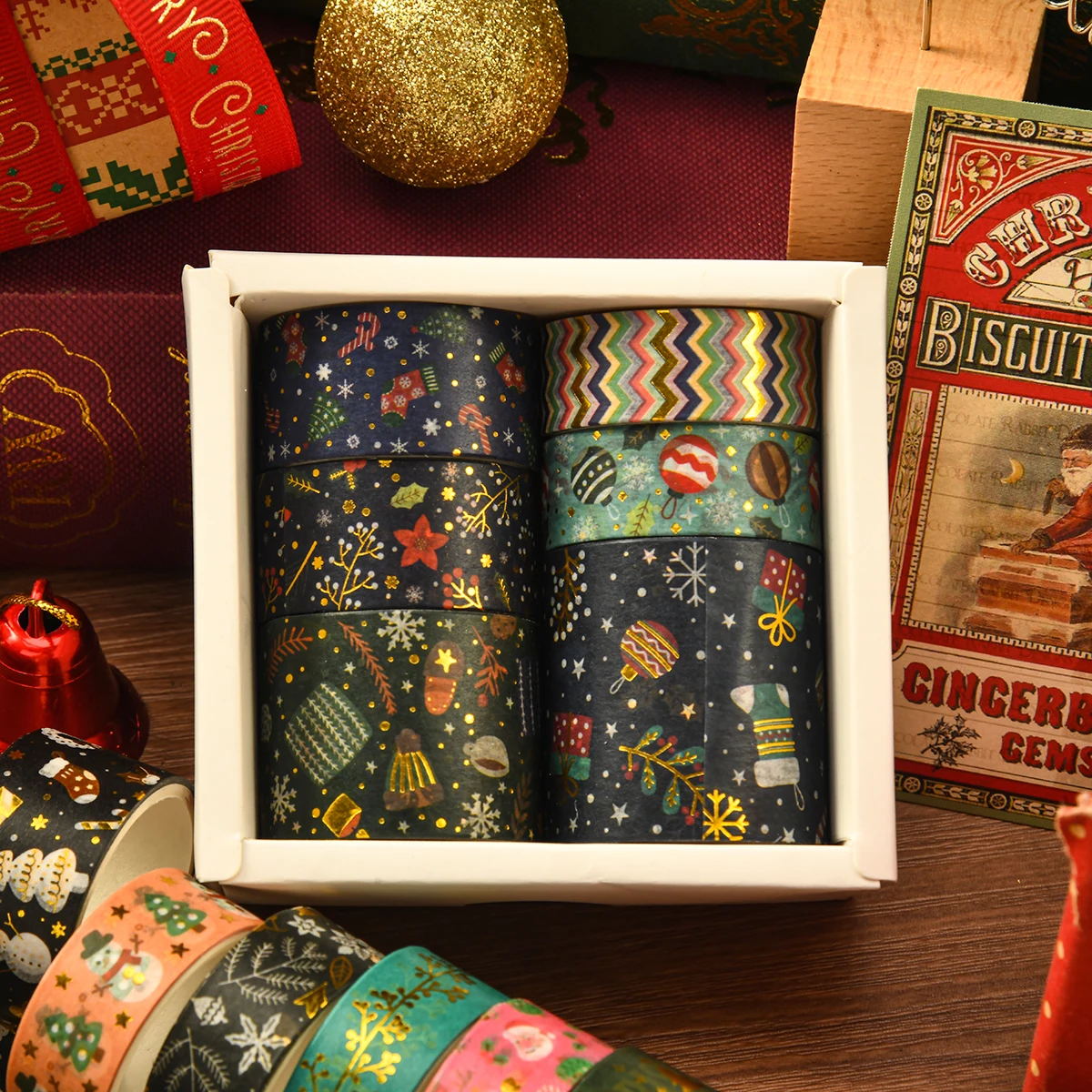 6 rolls of Christmas-themed washi tape, suitable for decorating planners, photo frames, and gift boxes, exquisite holiday gifts