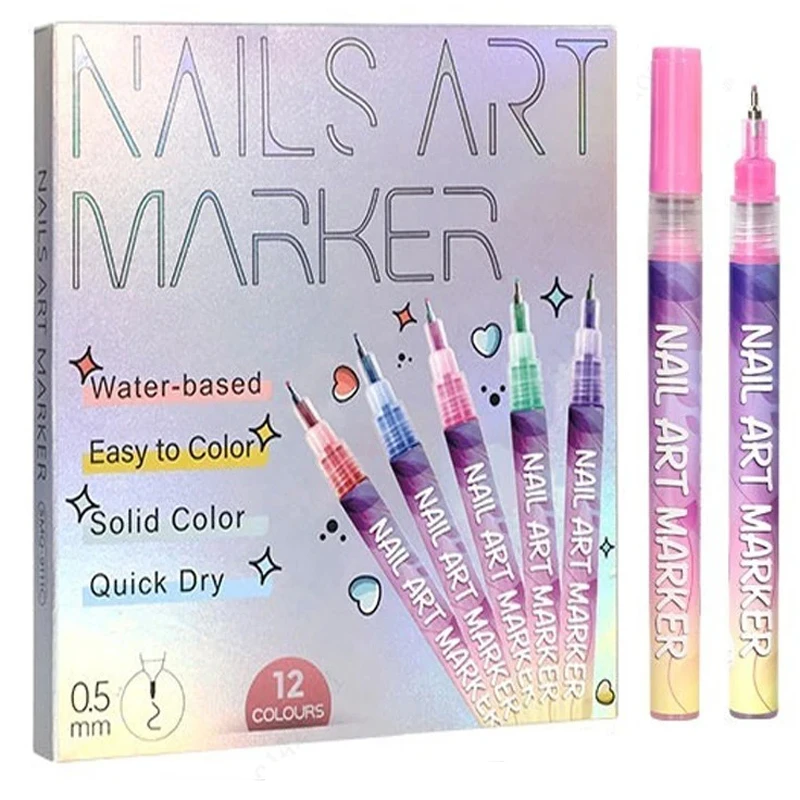 

12 Color Nail Art Decorations Graffiti Pen Set Nail Marker Drawing Acrylic Paint Pens Waterproof Nail Painting Manicure 0.5mm