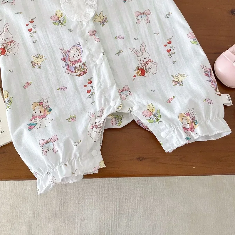 Cute Baby Girl Clothes Summer Newborn Princess Short Sleeve Peter Pan Collar Cartoon Rabbit Pattern Lace Cotton Romper Jumpsuit