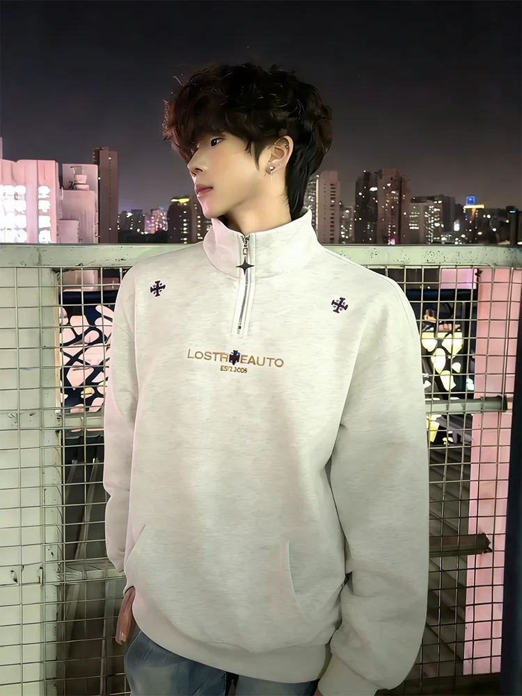 

American Sle Embroidered Stand Collar Sweatirt Men's Spring Autumn Loose Fit Casual Outerwear f Zipper Cleanfit Jaet
