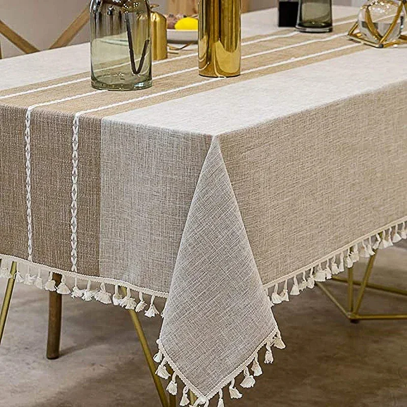 Cotton Linen Tablecloths, Wrinkle Free Anti-Fading Table Cloth, Tassel Rectangle Indoor & Outdoor Dining Table Cover