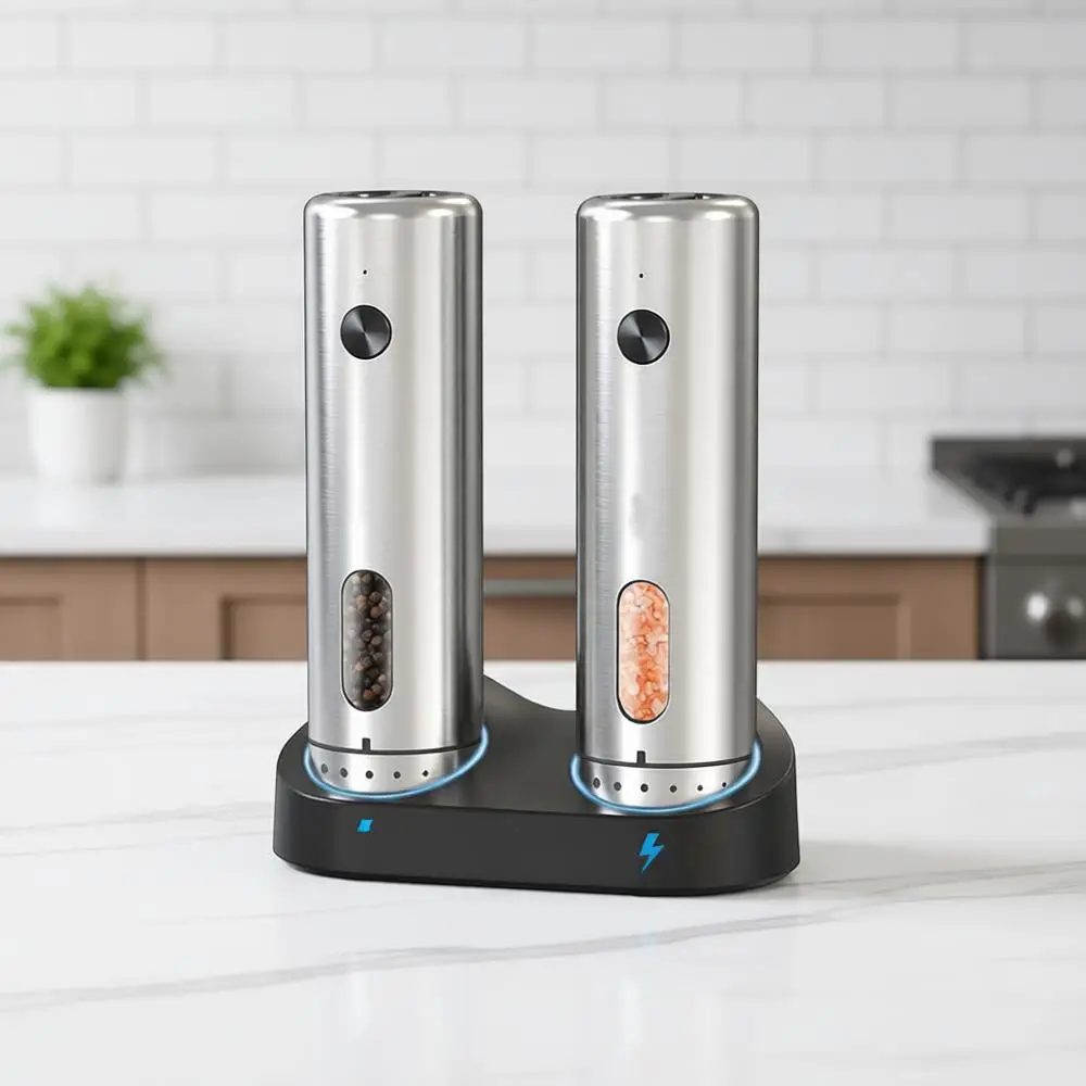 

Rechargeable LED Light Dual Charging Base Large Capacity 110ml Stainless Steel Automatic Pepper Shakers