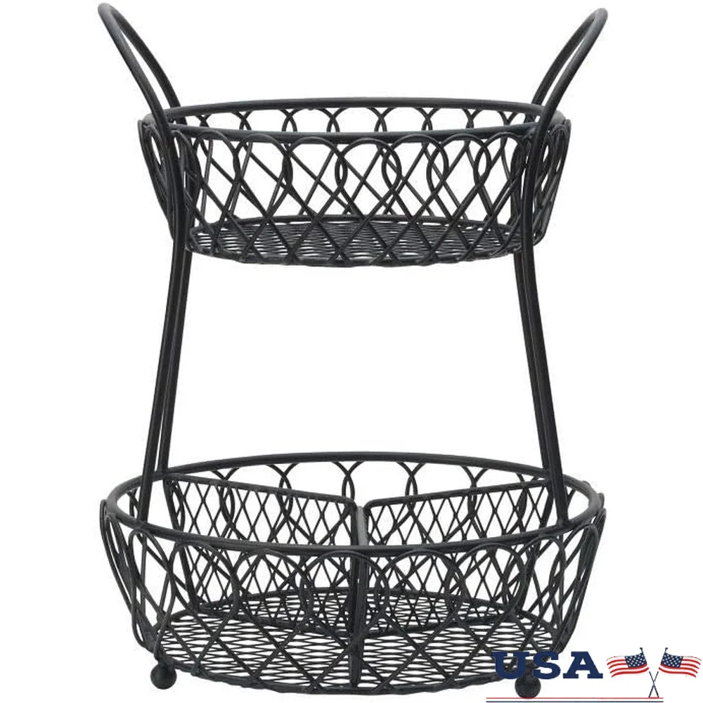 

2 Tier Round Storage Basket Loop Lattice Design Heavy Gauge Steel Fruit Bread Display Organizer Home Kitchen Bathroom Pantry