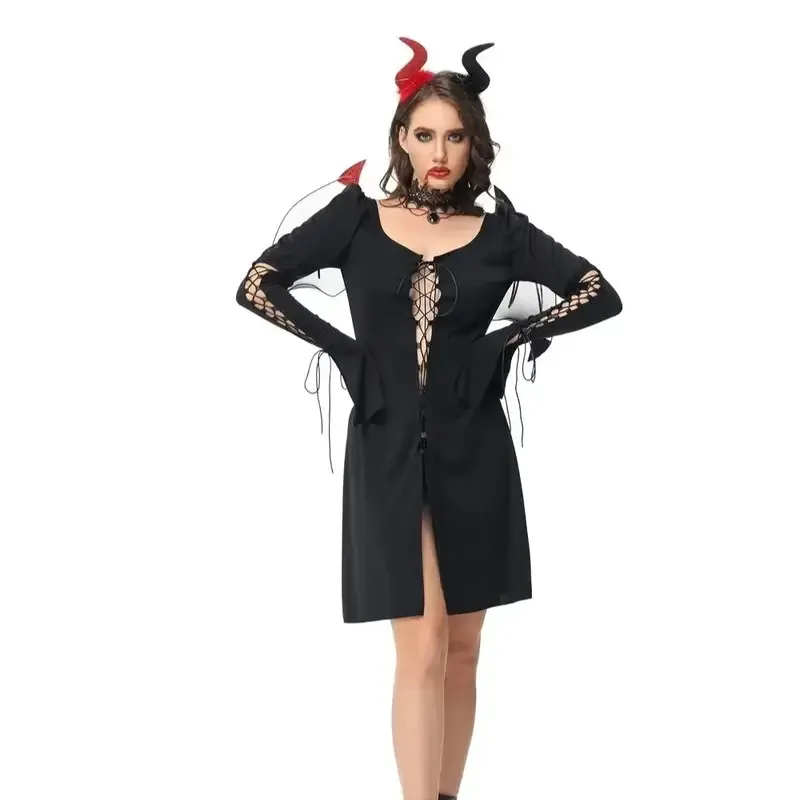 Disfraz de bruja malvada y diablo para parejas, disfraz de Halloween, traje de fiesta, traje de diablo para mujer con alas y accesorios para sombrero