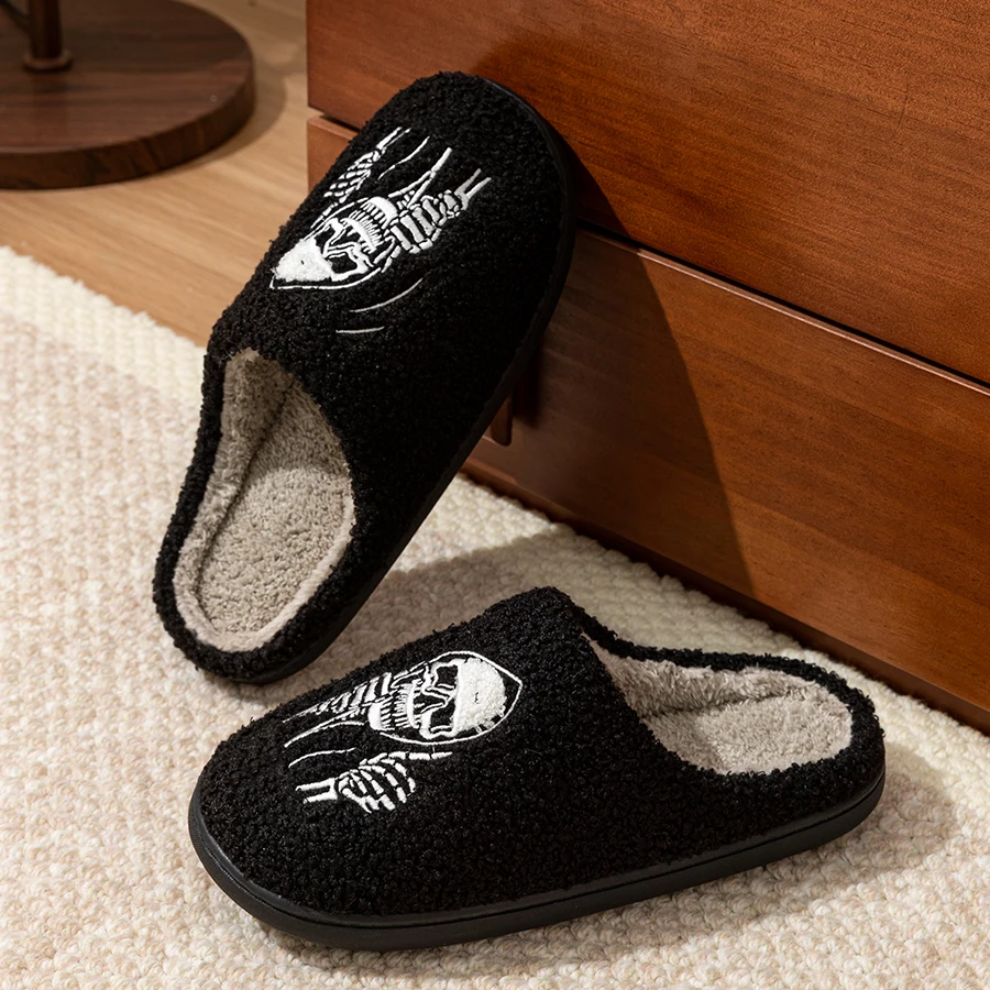 Fashion Halloween Skeleton Ghostface Couple Winter Women Cotton Slippers Toe Wrap Warm Indoor Mute Non Slip Floor Flat Shoes