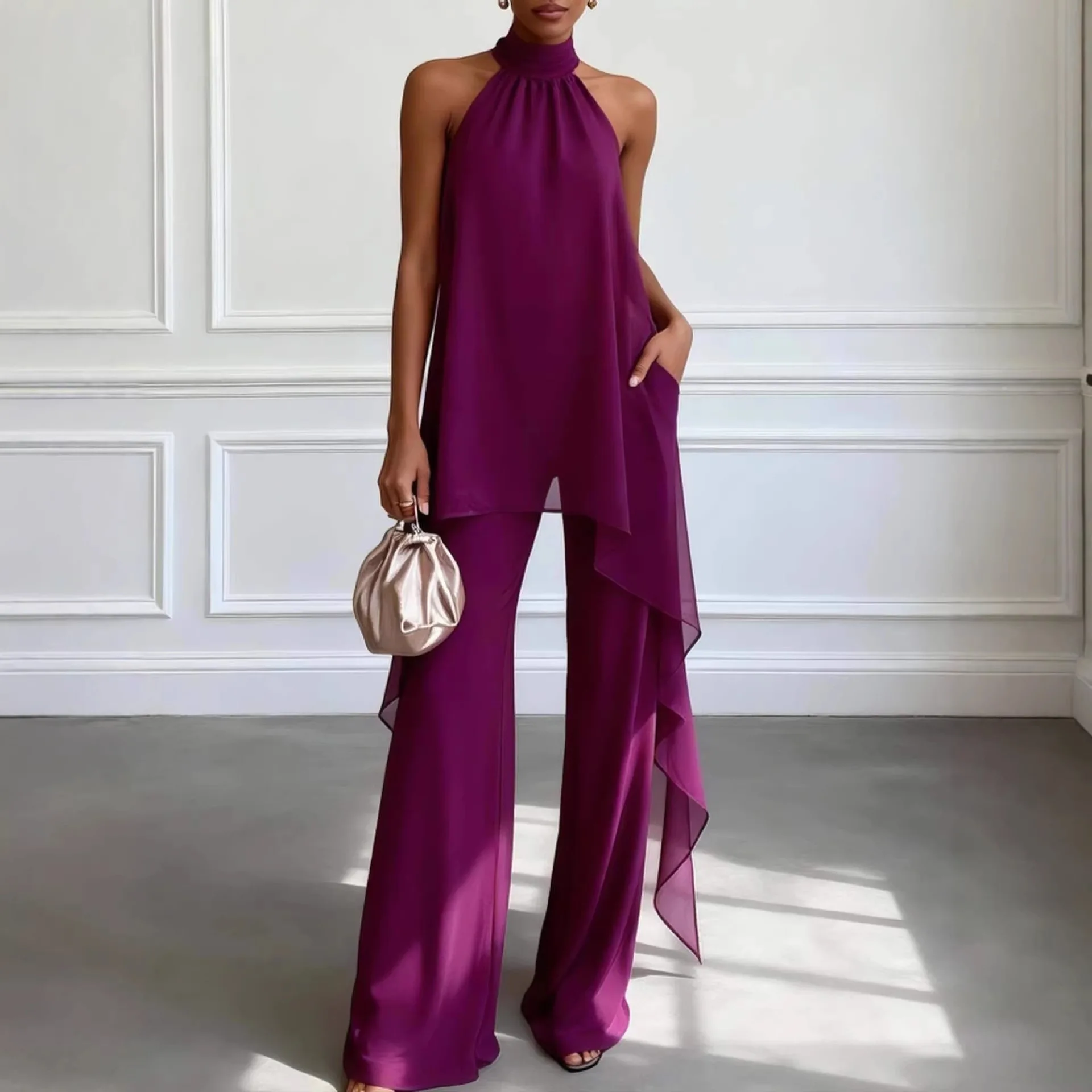 

Women's Purple Halter Neck Two Piece Set Sleeveless Chiffon Top High Waist Wide Leg Pants Elegant Formal Evening Party Outfit