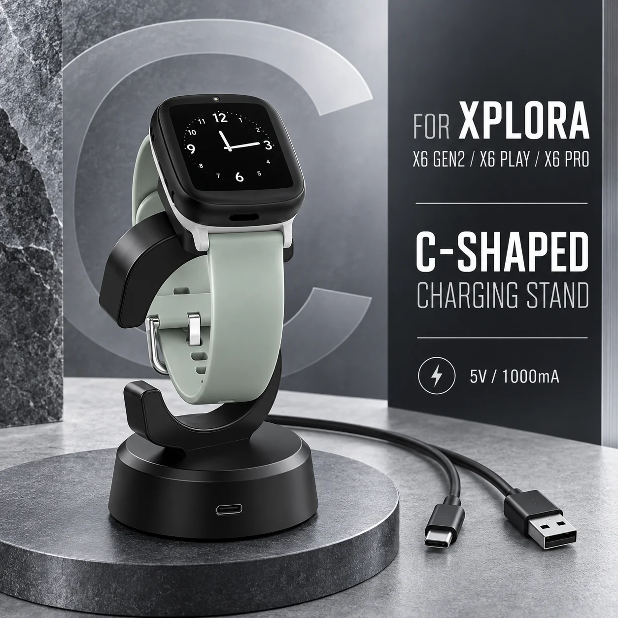C-Shape Stand Charging Cable for Xplora X6 Play / X6 Pro Watch, Charger Dock Magnetic Connector with Stable Charging Base