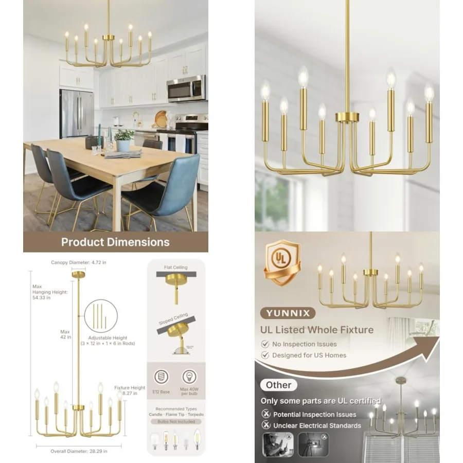

8 Light Modern Chandelier for Dining Room Light Fixtures Over Table, Vintage Brass Master Bedroom Chandelier for Entryway, Foye