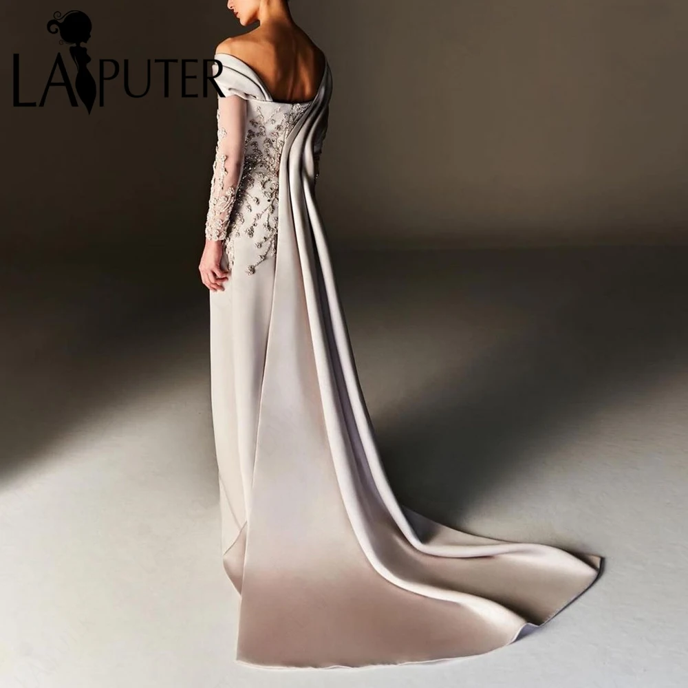 Heavy Satin Evening Dresses Unique Cape Sleeves Neck Beaded Flowers Elegant Formal Dress Long Sleeves Cape Train Celebrity Dress