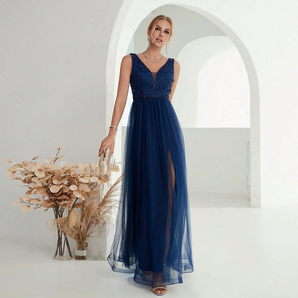 Vestido de noite longo azul marinho, uma linha até o chão, apliques chiques, vestidos de casamento, atacado, novo, 2024