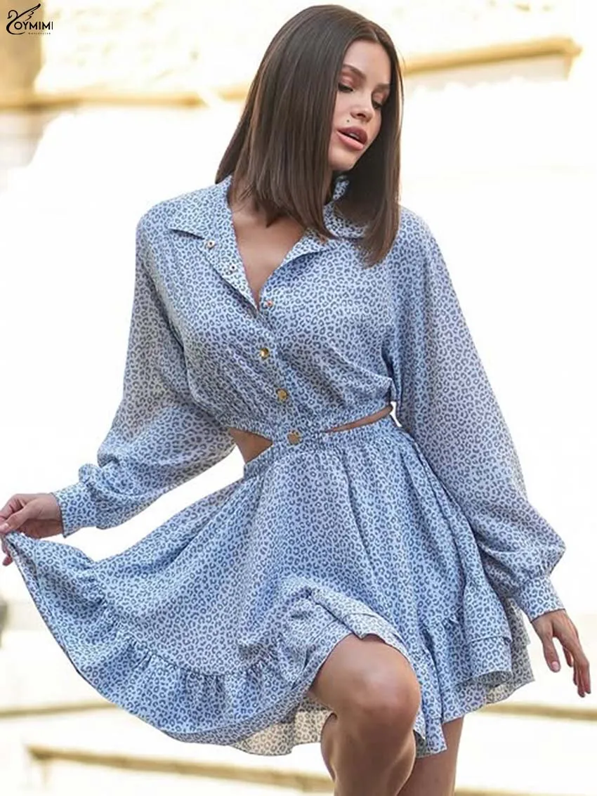 Oymimi Casual Grijs Blauw Print Jurken Voor Dames Mode Lange Mouw Buton Hollow Out Jurk Herfst Hoge Taille Geplooide Mini-jurk