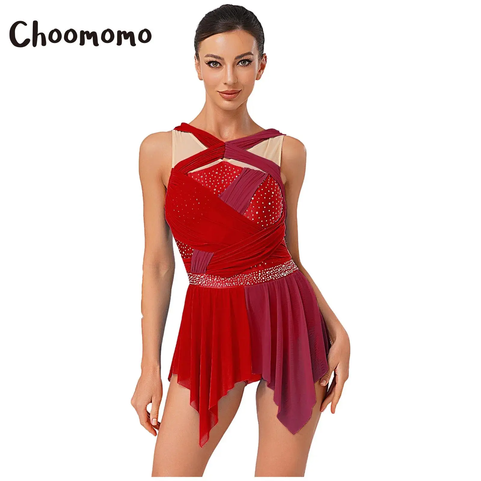 

Womens Rhinestone Lyrical Dance Dress Color Block Mesh Ruched Twisted Knot Irregular Hem Sleeveless Leotard Dress Dancewear