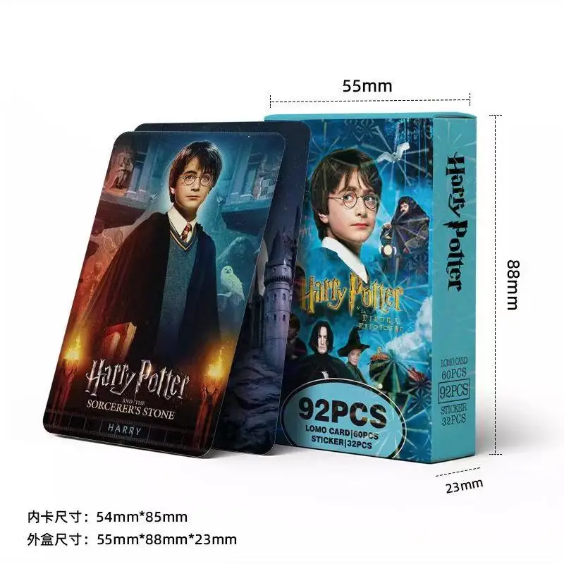 92 PCS Harry Potter Mini Cards, 3-Inch Photo Cards, Mini Stickers, Double-Sided LOMO Cards, Postcards, Fan Collectible Cards