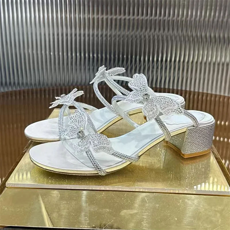 

Summer Square Heels Sandals Woman Rhinestone Butterfly Flower Dress Shoes Woman High Heels Crystal Slippers Women Sandalias