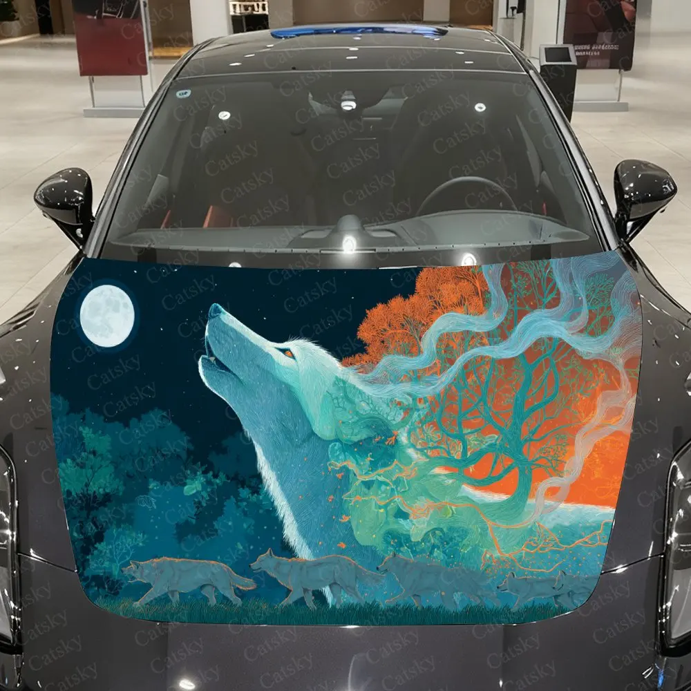 

Moonlit Habitat Cyan Wolf Car Vinyl Wrap, PVC Material Waterproof Car Hood Sticker, Self-Adhesive Scratch-Resistant Stickers for