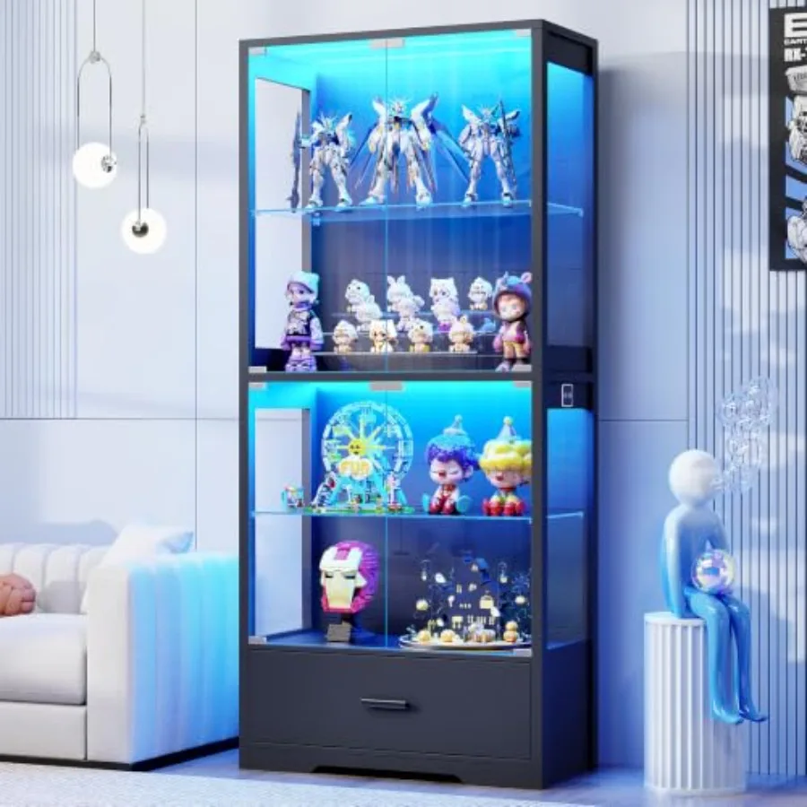 4-Tier Display Cabinet with Glass Doors and Drawer for Collectibles