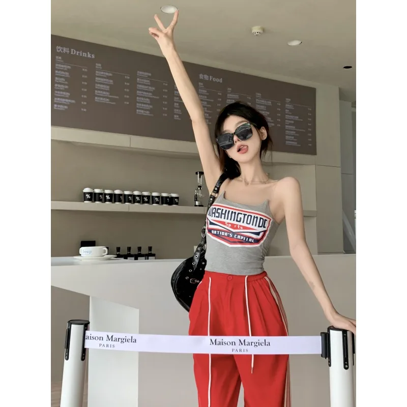 American Retro Sexy Spice Vest Top 2000s Y2k Alphabet Print Slim Short Strap Female Summer Fashion and Cool Invisible Strap Top