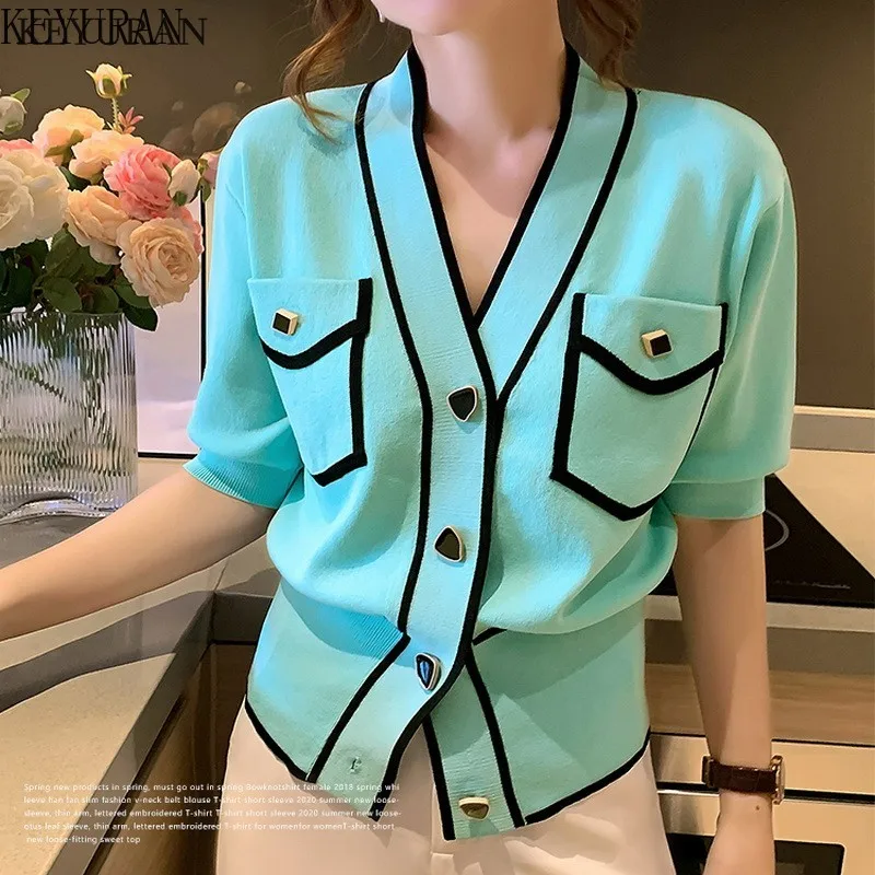 2023 Summer Thin Ice Silk Knitted Cardigan Women\'s Korean Chic V-Neck Single-breasted Short Sleeve Sweater Femme Knitwear Tops