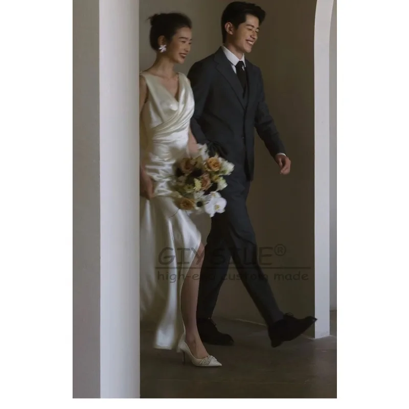 GIYSILE مخصص الساتان 2025 فستان زفاف خفيف جديد موري بسيط الخامس الرقبة الأبيض رقيقة الذيل بلا أكمام الخصر ذيل السمكة سستة الظهر
